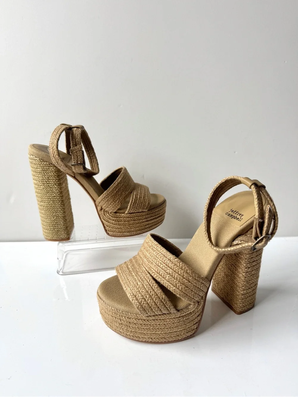 Jeffrey Campbell Yawl Natural Raffia Braided Platform Chunky Heel Sandals Sz 6.5